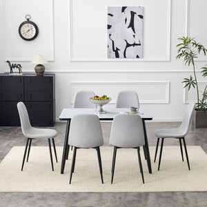 English Elm Table and Chair Set Marble Glass Top Dining with Six Gray Linen Upholstered Seats W1151S04658