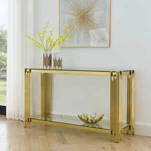 English Elm Base Gold Metal Frame Glass Top Console Table Slim Entryway Sofa Hallway Accent W1567110862