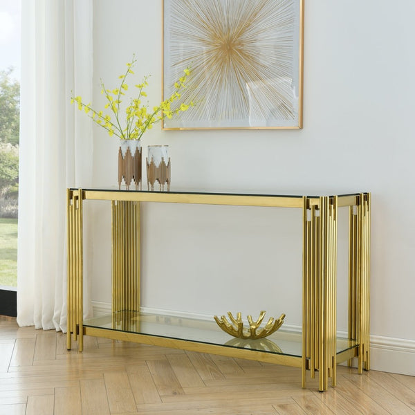 English Elm Base Gold Metal Frame Glass Top Console Table Slim Entryway Sofa Hallway Accent W1567110862