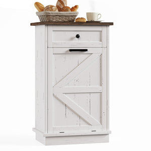 English Elm Tilt Out Trash Cabinet with Storage Drawer Conceals 10 Gallon Bin Pet Proof Brown+White T5831P489249