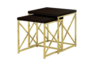 English Elm Nesting Tables Set of 2 Espresso with Gold Metal Frame — Space-Saving Accent Side Tables for Living Room B2710P219229