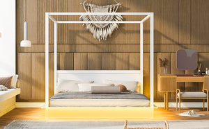 English Elm King LED Canopy Bed Frame King Size White Modern Platform with Support Slats, No Box Spring Needed, 600lb Capacity N820S10007K