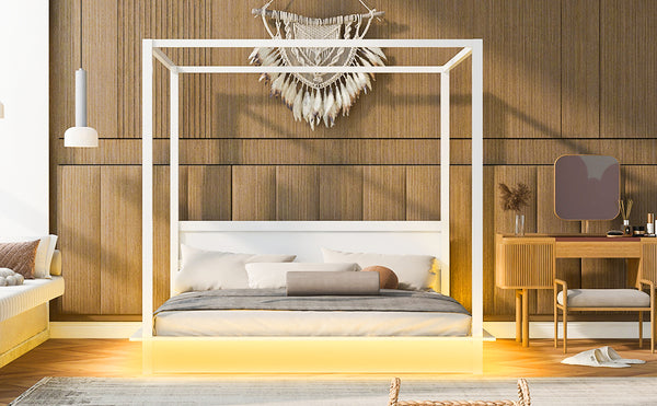 English Elm King LED Canopy Bed Frame King Size White Modern Platform with Support Slats, No Box Spring Needed, 600lb Capacity N820S10007K