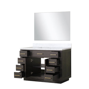 English Elm Brown Oak Single Bath Vanity Set With Carrara Marble Top & 46" Frameless Mirror For Elegant Spaces B2731S01401