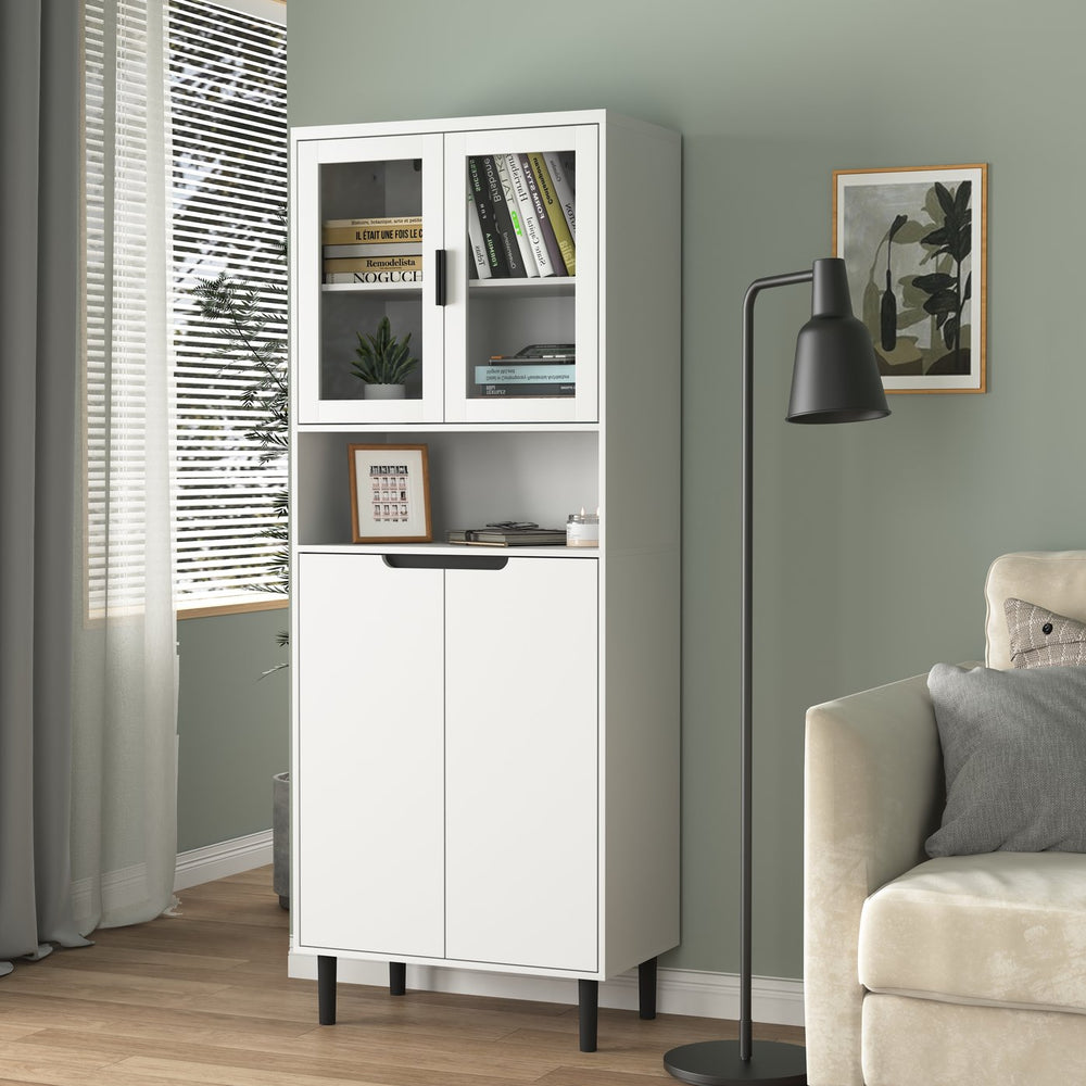 English Elm Tempered Glass Door Tall Storage Bookcase, 63" White MDF Cabinet with 4 Doors, Adjustable Shelves, Stable"))); W409P171440