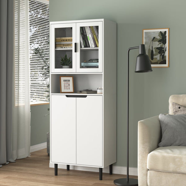English Elm Tempered Glass Door Tall Storage Bookcase, 63" White MDF Cabinet with 4 Doors, Adjustable Shelves, Stable"))); W409P171440