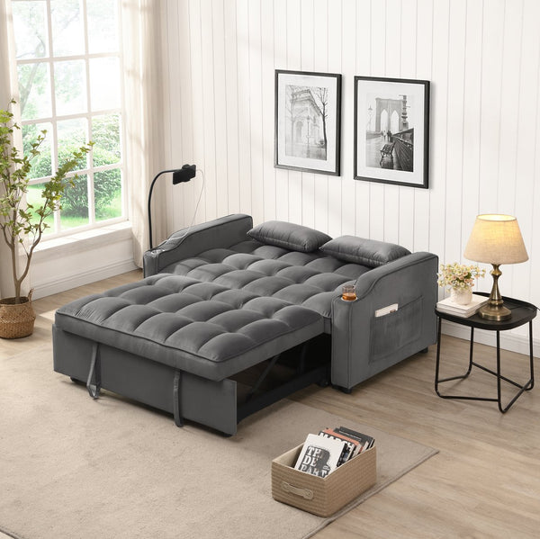 English Elm Sofa Velvet Trundle Bed Dark Gray with USB Ports, Adjustable Back, Space-Saving Convertible Recliner W311P264377