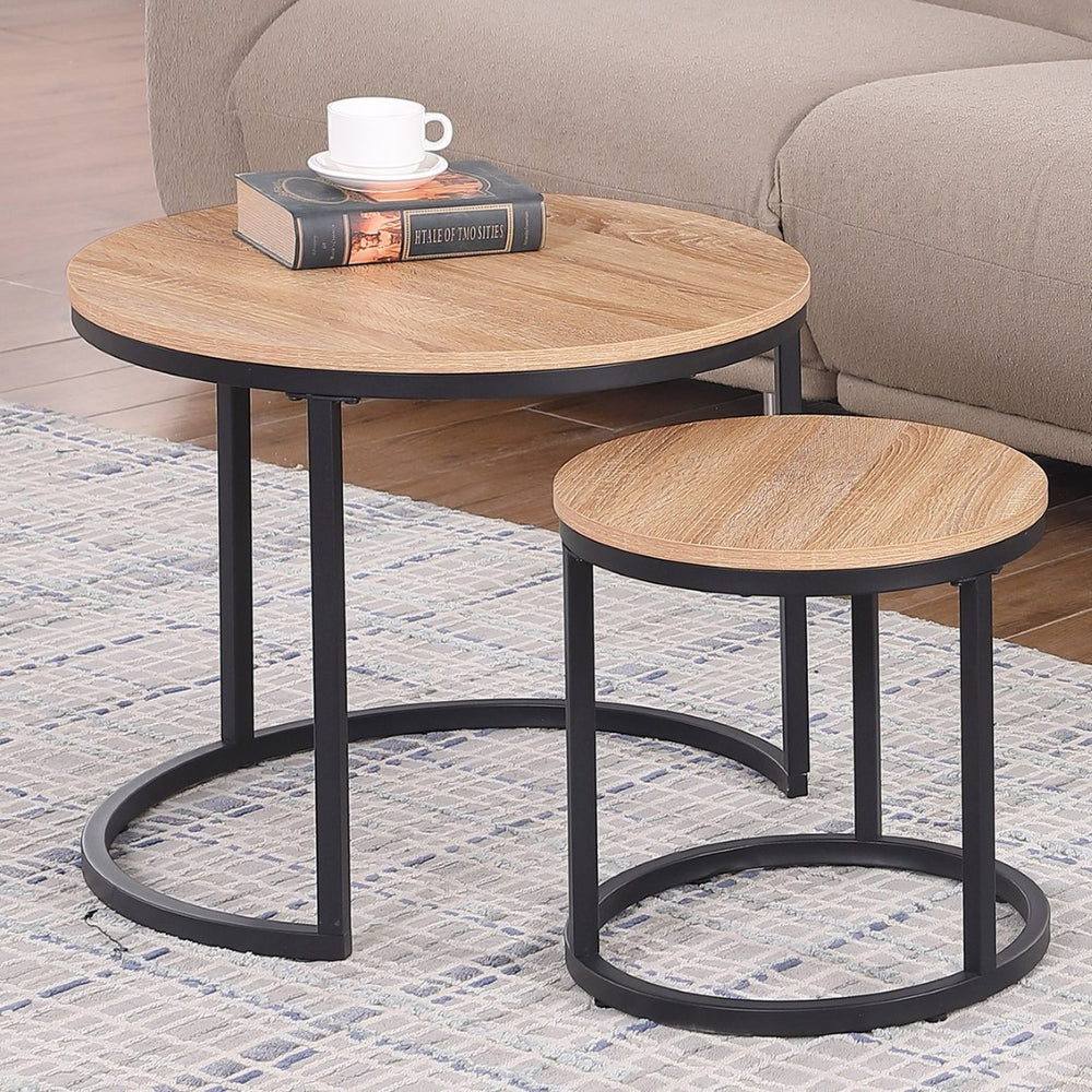 English Elm 24" Round Nesting Coffee Tables Natural Oak Mdf Top Metal Frame Modern Industrial Set W3151P412658