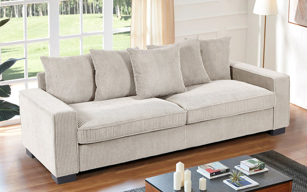 English Elm Luxe Corduroy Sofa with 5 Toss Pillows, Deep-Seat 3-Seater Couch, Sleek Modern Design, 88" Wide Ivory B2735P256728