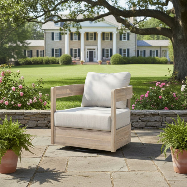 English Elm Telluride Outdoor Acacia Wood Swivel Club Chair Coastal Patio Seating Beige,Light White N775P304793G