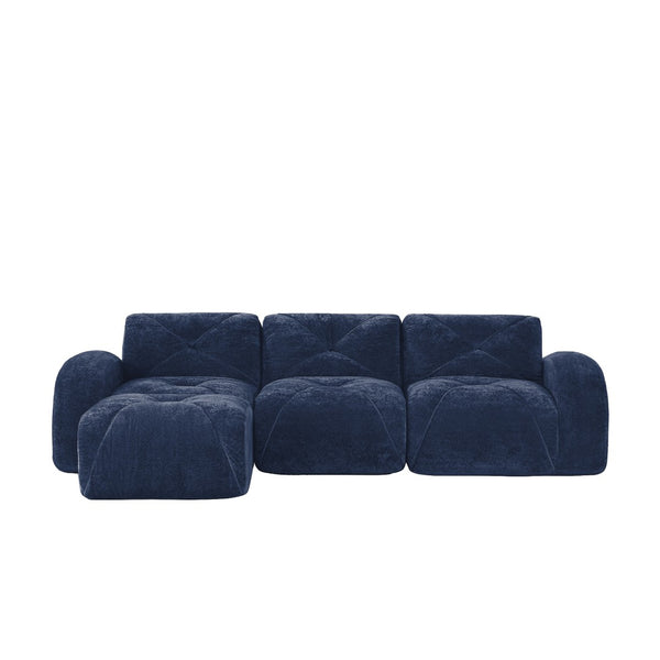 English Elm L-shaped Velvet Sectional Sofa Tufted Modular Seating with Ottoman for Living Room Blue W714S01620