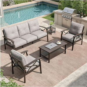English Elm 5-piece Outdoor Conversation Set with Steel Frame Weather Resistant Cushions Patio Seating Gray B082S00128