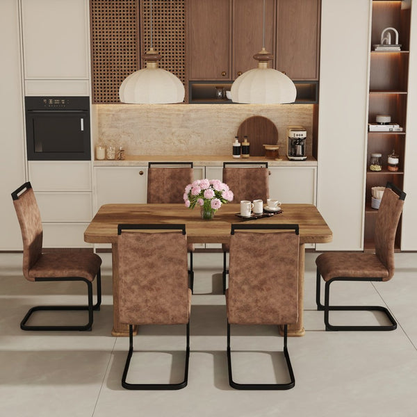 English Elm Table And Chair Set - Modern 64.5" Wood-Textured Dining Table With 6 Stylish Brown Chairs Included W1151S03585-GIGA