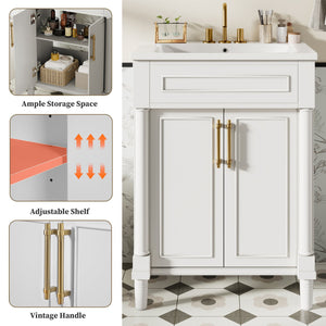 English Elm 24" Bathroom Vanity with Integrated Ceramic Sink and Adjustable Shelf, Vintage Hardware, Space-Saving Design White N710P277711K