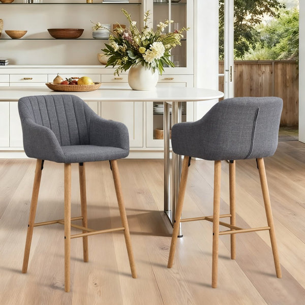 English Elm Modern Linen Upholstered Barstools with Oak Legs Armrests and Footrest for Kitchen Islands Gray W395P396316