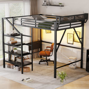 English Elm Queen Metal Loft Bed with Staircase Storage Foldable Desk and Built-in Charging W2580S00073