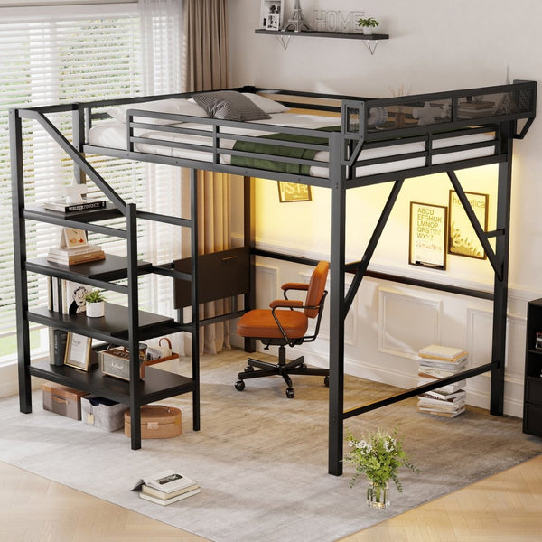 English Elm Queen Metal Loft Bed with Staircase Storage Foldable Desk and Built-in Charging W2580S00073