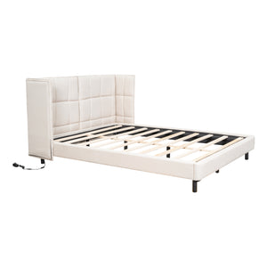 English Elm Queen Upholstered Platform Bed with LED Lights, U-Shaped Headboard, Linen Fabric, Sturdy Metal Legs Beige SF000151AAA