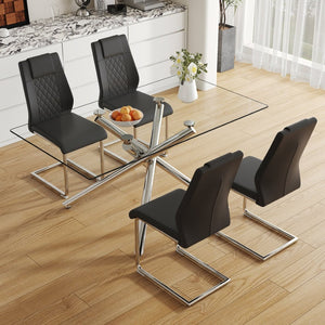 English Elm Table Modern Luxurious Glass Dining Set With 4 Stylish Black Pu Chairs And Silver Metal Legs W1151S04127-GIGA