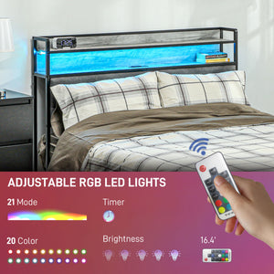 English Elm HOMCOM Full Size Bed Frame with LED RGB Headboard, Built-In Charging Station and 3-Tier Shelf Gray W2225P249915