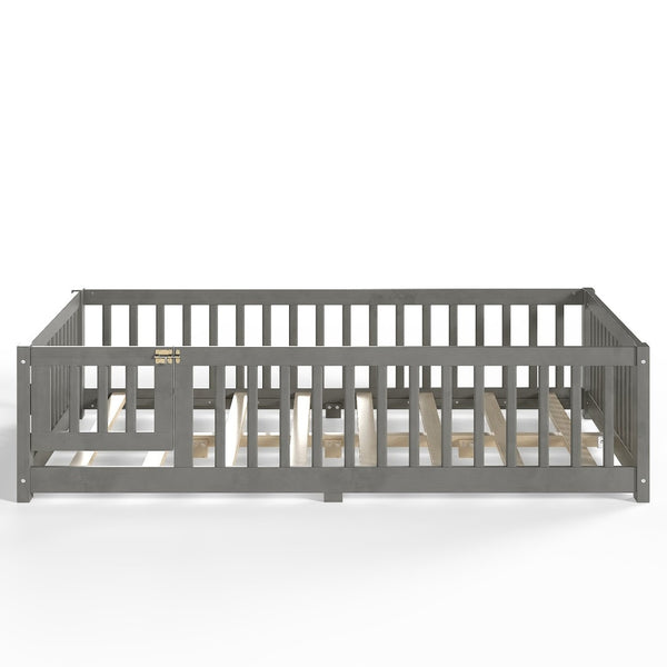 English Elm Twin Floor Bed Solid Pine Frame with Guardrails and Door for Safe Kid Sleep W1580P433578