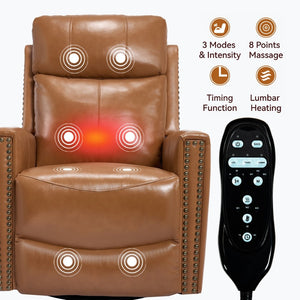 English Elm Orange Genuine Leather Massage Rocking Swivel Recliner with Lumbar Heat for Living Room W1803P323715