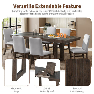 English Elm TOPMAX 7-Piece Extendable Dining Set with 12" Self-Hidden Butterfly Leaf and Upholstered Chairs, Distressed White Wire-Brushed Finish Brown SP000059AAD