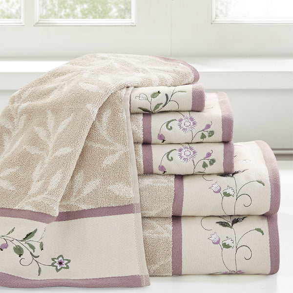 JLA Home Madison Park - Embroidered Cotton Jacquard Towel Set — 6-Piece Spa-Inspired Soft, Absorbent, OEKO-TEX Certified Luxury Purple MP73-7906