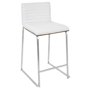 English Elm Mara 26" Contemporary Counter Stool Set of 2 - Tufted White Faux Leather, Walnut Back, Brushed Steel Footrest B202P222390