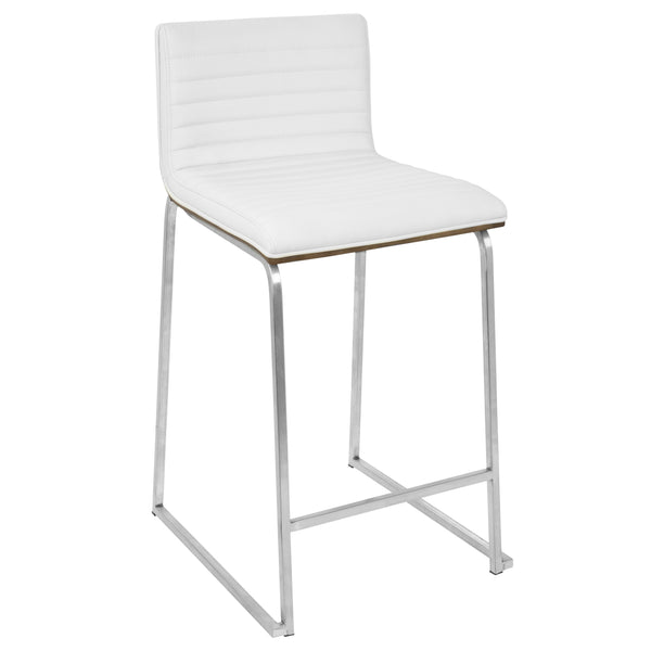 English Elm Mara 26" Contemporary Counter Stool Set of 2 - Tufted White Faux Leather, Walnut Back, Brushed Steel Footrest B202P222390