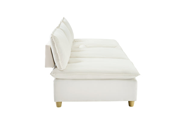 English Elm 104-inch pumpkin flannel three-seater sofa with storage cabinet, cup holders, adjustable backrest, comfy modern design Beige W1658S00096