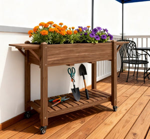 English Elm Convenient Carbonized Fir Wood Raised Planter Box with Wheels Side Tables and Storage T3971P423501
