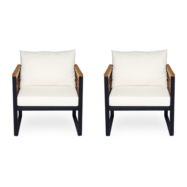 English Elm Outdoor Acacia Armrest Iron Frame Patio Chairs with Foam Cushions Set of 2 N757P354897B