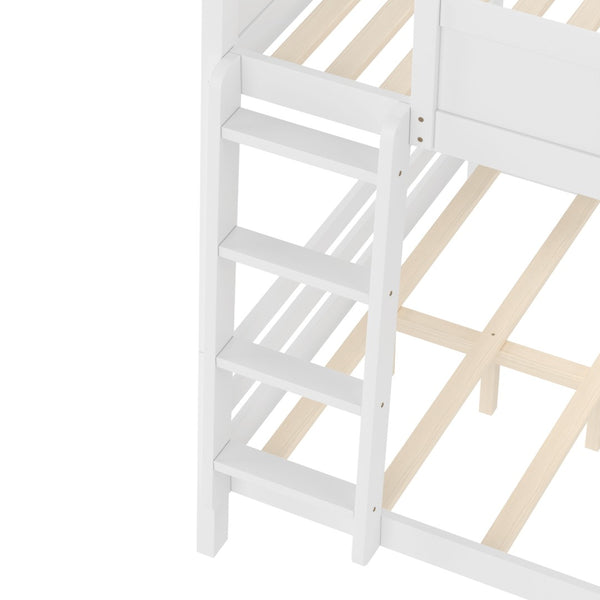 English Elm Queen Over Bunk Bed Pine Frame with Built in Shelving Detachable Vintage Style White W5316S00014
