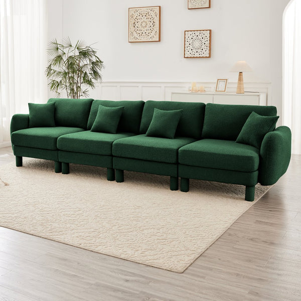 English Elm Boucle 4-Seater Sofa With Sculptural Shell Armrests & Soft Boucle Fabric In Elegant Green Color W3041S00311