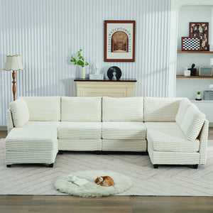English Elm Corduroy Plush U-Shaped Sectional Sofa with Storage Ottoman, Pet-Friendly Durable Modular Comfort Beige W2915S00062