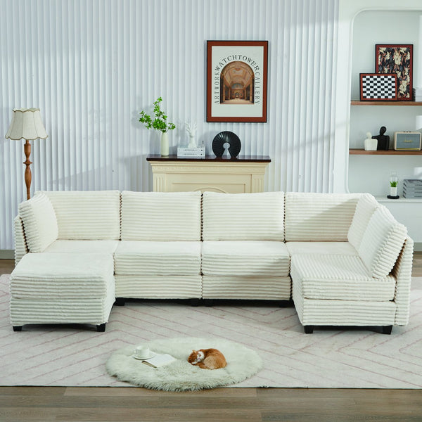English Elm Corduroy Plush U-Shaped Sectional Sofa with Storage Ottoman, Pet-Friendly Durable Modular Comfort Beige W2915S00062