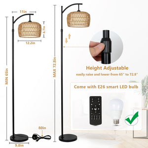 English Elm Arc Rattan Arc Floor Lamp with Remote & Smart LED, Dimmable 3-Color Timer, Adjustable 65–72.8" W2738P400694