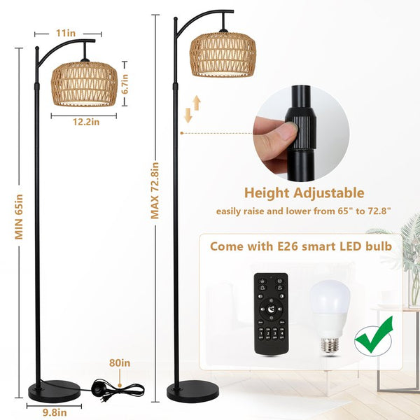English Elm Arc Rattan Arc Floor Lamp with Remote & Smart LED, Dimmable 3-Color Timer, Adjustable 65–72.8" W2738P400694