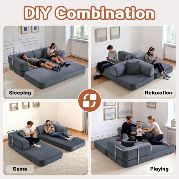 English Elm Floor Sofa Bed Modular Corduroy Convertible Lounge with Steel Frame for Living Room Antique Gray W3565P397201