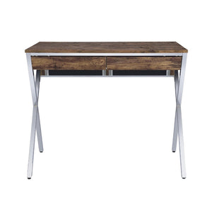 English Elm Rectangular Writing Desk With 2 Drawers, Weathered Oak Top & Chrome "X" Legs For Modern Spaces B016P311328-GIGA
