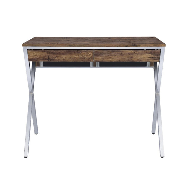 English Elm Rectangular Writing Desk With 2 Drawers, Weathered Oak Top & Chrome "X" Legs For Modern Spaces B016P311328-GIGA