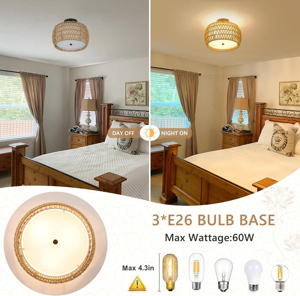 English Elm Boho Ceiling Light Fixture - Rattan & Fabric Semi Flush Mount For Cozy Farmhouse & Modern Spaces W2738P185410