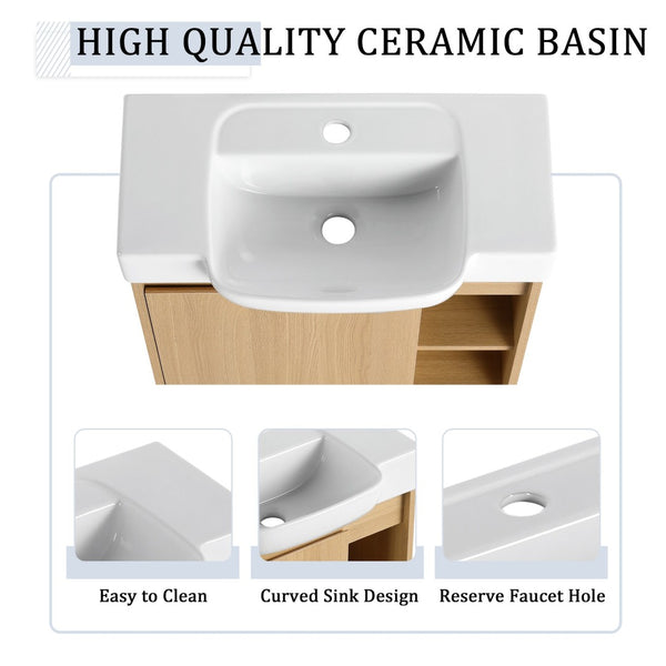 English Elm 24'' Floating Wall Mounted Bathroom Vanity with Ceramic Sink and Soft Close Cabinet Light Oak W999P426633