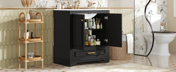 English Elm 30" Elegant Bathroom Vanity with Ceramic Sink, French-Inspired Compact Cabinet with Drawer & Shelf Black N710P317676B