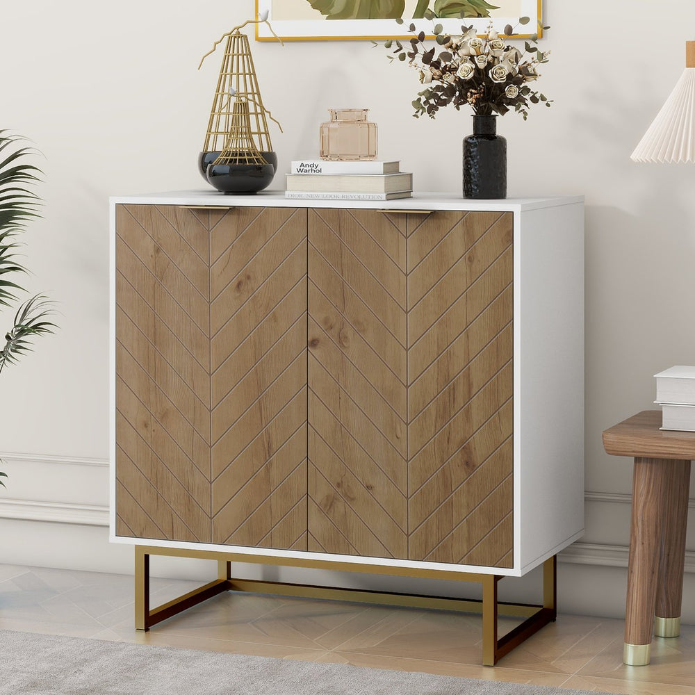 English Elm White White and Gold Storage Cabinet with 2 Doors — Modern Herringbone Sideboard, Durable 88 lb Capacity, Stylish Multirole Buffet W409128108