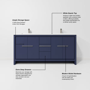 English Elm Navy Double Bath Vanity 72" W With White Quartz Top, Gun Metal Faucet, And Ample Storage Solutions B2731P259491