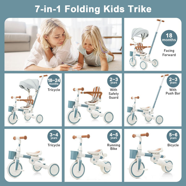 English Elm 7 in 1 Convertible Toddler Tricycle Aluminum Frame Push Trike with Rotating Seat Canopy Blue N726P300636C