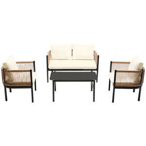 English Elm U_Style Outdoor Multi-Piece Sofa Set with Tempered Glass Table, Weather-Resistant Cushions for Patio Beige WY000435AAA