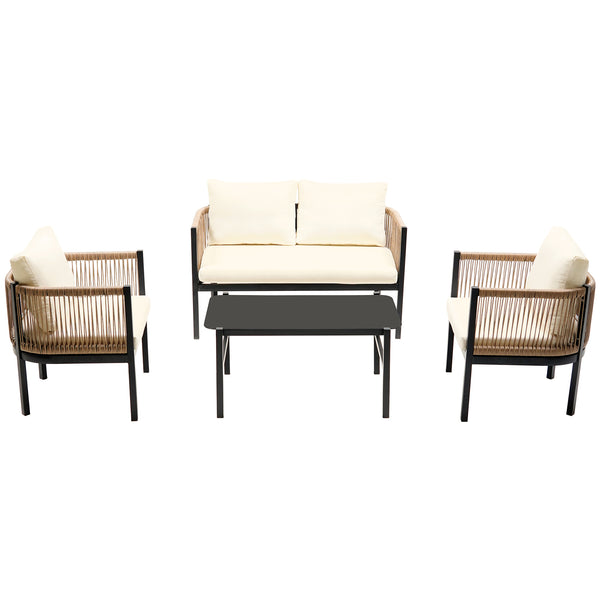 English Elm U_Style Outdoor Multi-Piece Sofa Set with Tempered Glass Table, Weather-Resistant Cushions for Patio Beige WY000435AAA